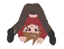  1boy animification bandage_on_cheek black_shoes brown_hair brown_pants chinese_commentary commentary_request drawstring eddsworld fewer_digits flipped_hair full_body hair_ears hood hoodie jitome long_sleeves looking_at_viewer male_focus midriff_peek pants red_eyes red_hoodie shoes short_hair simple_background solo spread_legs tongue tongue_out top-down_bottom-up tord_(eddsworld) upside-down whalebone_(muffinsuki) white_background 