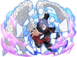  1girl akatsuki_uniform black_coat brown_eyes coat full_body jewelry konan_(naruto) looking_at_viewer naruto_(series) naruto_shippuuden naruto_shippuuden:_ultimate_ninja_blazing official_art paper print_coat purple_hair ring short_hair solo 
