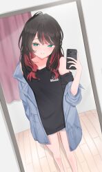  1girl arm_at_side black_hair black_shirt blue_jacket breasts clothing_cutout colored_inner_hair feet_out_of_frame green_eyes grey_shorts grin hand_up highres hizuki_yui holding holding_phone jacket long_sleeves looking_at_viewer lunariskat mirror mirror_selfie mole mole_under_eye multicolored_hair neo-porte parted_bangs phone reflection reflection_focus selfie shirt short_shorts shorts shoulder_cutout single_off_shoulder sleeves_rolled_up small_breasts smile solo standing swept_bangs virtual_youtuber 