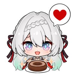 1girl blush braid chibi firefly_(honkai:_star_rail) firefly_(vision)_(honkai:_star_rail) gradient_eyes gradient_hair green_pupils grey_hair hair_between_eyes hair_intakes hair_ribbon hashtag-only_commentary heart highres honkai:_star_rail honkai_(series) long_hair makinomaki108 multicolored_eyes multicolored_hair oak_cake_roll_(honkai:_star_rail) open_mouth plate red_ribbon ribbon simple_background smile solo speech_bubble spoken_heart white_background 
