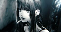 1girl absurdres aegyo_sal black_eyes black_hair blunt_bangs blurry cigarette collarbone commentary_request depth_of_field ear_piercing grey_background greyscale highres lipstick looking_at_viewer makeup mole mole_under_eye monochrome original partial_commentary piercing signature smoking solo tobacco upper_body xu_nojiru_ux 