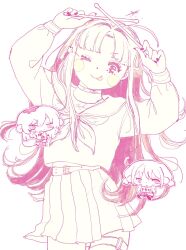  3girls ;p ahoge arms_up awa_subaru belt blush_stickers chibi choker closed_mouth commentary_request cowboy_shot drumsticks girls_band_cry highres holding holding_drumsticks iseri_nina kawaragi_momoka long_hair long_sidelocks long_sleeves looking_at_viewer low_twintails mi_0841 midriff_peek multiple_girls one_eye_closed parted_bangs pleated_skirt sailor_collar sailor_shirt shirt short_hair short_twintails sidelocks simple_background skirt smile star_(symbol) thigh_strap tongue tongue_out twintails white_background wink_star 