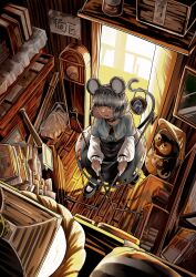  1girl absurdres animal_ears baseball_bat basket bishamonten's_pagoda black_shoes blue_gem book bottle box clock colored_eyelashes commentary commission dowsing_rod english_commentary gem grandfather_clock grey_hair grey_skirt grey_vest hat highres holding holding_with_tail jewelry long_sleeves mary_janes mouse_(animal) mouse_ears mouse_tail nazrin necklace open_door open_mouth pendant picture_frame prehensile_tail red_eyes second-party_source shoes sign skeb_commission skirt solo storage_room straw_hat tail tanuki tokkuri touhou umaieokakitai vest white_sleeves wooden_floor 