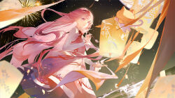  1girl aerial_fireworks animal animal_print artist_request black_sky bloom_poetry_(shining_nikki) bow bowtie butterfly_print cat chinese_commentary chinese_new_year cloak clothed_animal collared_shirt commentary_request cowboy_shot cross-laced_clothes cross-laced_dress dress dress_ribbon dutch_angle ear_covers embers fireworks floating_clothes floating_hair frilled_shirt_collar frilled_sleeves frills grin happy highres hood hood_up hooded_cloak lantern long_hair long_sleeves medium_dress momo_(nikki) night nikki_(nikki) nikki_(series) ocean official_art outdoors paper_lantern pawpads pinafore_dress pink_dress pink_eyes pink_hair plaid_clothes plaid_dress pleated_dress print_dress red_bow red_bowtie red_ribbon reflection reflective_liquid ribbon second-party_source shining_nikki shirt sky sleeveless sleeveless_dress smile standing very_long_hair white_cat white_shirt wind yellow_cloak 