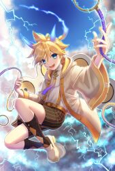  1boy argyle_clothes argyle_socks aroeruji3 belt black_shorts black_socks blonde_hair blue_eyes blue_horns blue_sky clouds commentary_request electricity fang full_body highres horns kagamine_len long_sleeves looking_at_viewer magical_mirai_(vocaloid) magical_mirai_len magical_mirai_len_(2021) male_focus nail_polish open_mouth orange_belt pinstripe_shorts shoes shorts sky smile socks solo spiky_hair striped_clothes striped_shorts suspender_shorts suspenders vertical-striped_clothes vertical-striped_shorts vocaloid white_shoes wide_sleeves yellow_nails 