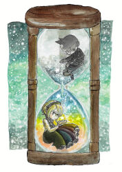  1boy 1girl aqua_background beanie belt black_dress black_hairband blonde_hair border buckle catching chibi closed_eyes closed_mouth collared_shirt commentary_request crying crying_with_eyes_open cuffs danganronpa_(series) danganronpa_v3:_killing_harmony dress eyelashes fake_horns frilled_sleeves frills frown green_eyes hairband happy hat horned_headwear horns hoshi_ryoma hourglass in_hourglass jacket lace-trimmed_dress lace-trimmed_hairband lace_trim leather leather_jacket light_blush long_dress long_sleeves moku53 multiple_belts necktie no_gloves outside_border pants partially_colored pinafore_dress pleated_dress print_headwear purple_necktie sad shackles shirt shoes short_hair single_ankle_cuff sleeveless sleeveless_dress smile star_(symbol) streaming_tears striped_clothes striped_pants tears tojo_kirumi white_border white_shirt wrist_belt 