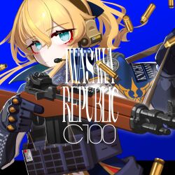  1girl absurdres blonde_hair blue_background blue_capelet blue_eyes capelet character_request check_character closed_mouth comiket_100 commentary_request ear_protection genshin_impact gloves grey_gloves gun hair_between_eyes headset highres holding holding_gun holding_weapon iwasawayuki jean_(genshin_impact) shirt solo weapon weapon_request white_shirt 