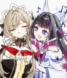  2girls bare_shoulders black_collar black_hair black_sleeves bonnet brown_hair closed_eyes closed_mouth collar columbina_(genshin_impact) crossed_arms detached_collar detached_sleeves dress from_side frown genshin_impact grabbing_another's_arm hair_ornament hair_ribbon hashtag-only_commentary head_wings headdress huffing long_hair long_sidelocks long_sleeves mochimochi_onigiri multicolored_hair multiple_girls multiple_wings music musical_note open_mouth purple_hair purple_streaks ribbon sandrone_(genshin_impact) short_hair_with_long_locks sidelocks simple_background singing smile streaked_hair tsundere two-tone_hair unusually_open_eyes very_long_hair violet_eyes white_background white_dress white_headdress white_wings wing_hair_ornament wings 