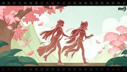  2girls ahoge blue_sky cherry_blossoms chinese_commentary commentary_request copyright_logo dress game_cg highres holding_hands honkai_(series) honkai_impact_3rd japanese_clothes kiana_kaslana kiana_kaslana_(ba-dum!_fiery_wishing_star) kimono logo long_hair multiple_girls nature official_art raiden_mei raiden_mei_(xentinel:_dawnbearing_crescent) sky tree very_long_hair 