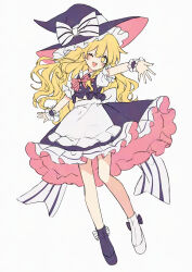  1girl apron asymmetrical_footwear back_bow black_skirt black_vest blonde_hair blush bow bowtie braid commentary_request full_body hair_bow hat hat_bow highres kirisame_marisa kyouda_suzuka long_hair mismatched_footwear one_eye_closed open_mouth pink_bow pink_bowtie puffy_short_sleeves puffy_sleeves short_sleeves single_braid skirt smile solo touhou very_long_hair vest waist_apron white_apron white_bow witch_hat wrist_cuffs yellow_eyes 