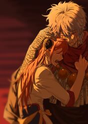  1boy 1girl bandaged_arm bandages china_dress chinese_clothes commentary_request crying dress gintama gintama_movie_2:_yorozuya_yo_eien_nare highres hug kagura_(gintama) long_hair orange_hair sakata_gintoki tears white_hair yazi10100626 