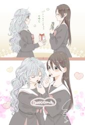  2girls absurdres black_dress bow bowtie brown_hair child-elie chocolate closed_eyes commentary dress feeding food furetai_wa_koi_no_hajimari grey_eyes grey_hair hashtag-only_commentary hattori_momoko heart highres holding holding_chocolate holding_food long_hair minato_kaede multiple_girls open_mouth pink_bow pink_bowtie sailor_dress smile translation_request valentine yuri 