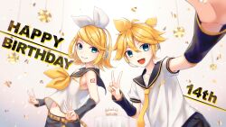  1boy 1girl aroeruji3 bass_clef belt blonde_hair blue_eyes bow brother_and_sister cake commentary_request confetti detached_sleeves fang food foreshortening hair_bow happy_birthday headset highres kagamine_len kagamine_rin looking_at_viewer midriff midriff_peek navel neckerchief necktie number_tattoo open_mouth sailor_collar selfie shorts shoulder_tattoo siblings smile spiky_hair tattoo treble_clef twins v vocaloid yellow_belt yellow_nails yellow_neckerchief yellow_necktie yellow_trim 