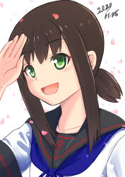  1girl :d absurdres anchor_symbol black_sailor_collar blue_neckerchief blush brown_hair collarbone commentary_request dated fubuki_(kancolle) fubuki_kai_ni_(kancolle) green_eyes hair_between_eyes highres kantai_collection looking_at_viewer low_twintails medium_hair neckerchief open_mouth petals pink_petals rinosama sailor_collar salute shirt short_sleeves sidelocks signature simple_background smile solo twintails upper_body white_background white_shirt 