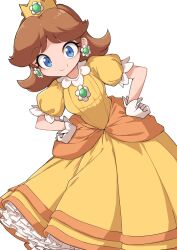  1girl blue_eyes brooch brown_hair commentary crown dress earrings flipped_hair flower_brooch flower_earrings frilled_gloves frills fun_bo gloves gold_crown gown hands_on_own_hips highres jewelry medium_hair orange_dress orange_trim parted_bangs pointed_crown princess princess_daisy puffy_short_sleeves puffy_sleeves short_sleeves smile super_mario_bros. white_gloves yellow_dress 