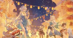  1boy 6+girls absurdres aerial_fireworks animal_ear_fluff animal_ears aqua_dress aqua_hair aqua_shirt architecture bailu_(honkai:_star_rail) black_dress black_pantyhose black_shorts blue_hair breasts brown_hair chinese_commentary commentary_request dango diting_(honkai:_star_rail) dress east_asian_architecture fireworks food fox_ears fox_girl fox_tail fu_xuan_(honkai:_star_rail) gradient_hair highres holding holding_food honkai:_star_rail honkai_(series) jing_yuan lantern long_hair medium_breasts multicolored_hair multiple_girls night pantyhose paper_lantern peacock_feathers_hair_ornament pink_hair qingque_(honkai:_star_rail) shirt shorts sky_lantern tail tingyun_(honkai:_star_rail) two-tone_dress two-tone_hair very_long_hair wagashi white_dress white_hair yao_guang_(honkai:_star_rail) yibanluguojuanjuanzi 
