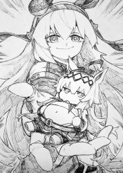  2girls absurdres ahoge animal_ears belly chibi chronozbergh closed_mouth english_commentary fingerless_gloves foreshortening gloves hair_between_eyes hair_ornament hairband highres holding holding_mini_person horse_ears in_palm jacket long_hair long_sleeves looking_at_viewer mini_person minigirl monochrome multicolored_hair multiple_girls navel oguri_cap_(starlight_beat)_(umamusume) oguri_cap_(umamusume) open_hand outstretched_arm ringed_eyes shirt sitting sitting_on_hand skirt smile stomach tamamo_cross_(fast_as_lightning)_(umamusume) tamamo_cross_(umamusume) traditional_media umamusume very_long_hair 