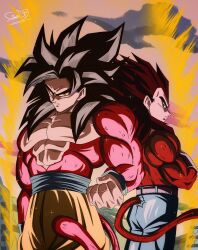  absurdres black_hair blue_sash body_fur dougi dragon_ball dragon_ball_gt dragon_ball_z_dokkan_battle highres long_hair looking_at_viewer male_focus monkey_boy monkey_tail multiple_boys muscular muscular_male no_nipples pants pectorals red_fur safeendb saiyan sash son_goku spiky_hair super_saiyan super_saiyan_4 tail vegeta yellow_pants 