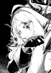  1girl a_(mitei7926) ahoge blood blood_on_face blue_archive bruise bruise_on_face coat fur-trimmed_coat fur_trim gloves greyscale halo highres hina_(blue_archive) horns injury long_hair long_sleeves looking_at_viewer looking_to_the_side monochrome multiple_horns slit_pupils solo spitting upper_body wiping_face 