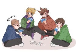  4boys animification antenna_hair black_eyes black_pants blonde_hair blue_hoodie blue_shoes blush_stickers brown_hair card commentary drawstring edd_(eddsworld) eddsworld fewer_digits flipped_hair green_hoodie green_jacket hair_behind_ear hair_ears highres holding holding_card hollow_eyes hood hood_down hoodie indian_style jacket long_sleeves male_focus matt_(eddsworld) multiple_boys open_clothes open_mouth orange_hair pants playing_card playing_card_game playing_games purple_hoodie purple_shoes red_hoodie red_shoes shoes short_hair simple_background single_blush_sticker sitting smile sneakers spiky_hair swept_bangs takanashi_(ta_ro_130) tom_(eddsworld) tord_(eddsworld) untranslatable_commentary white_background 