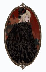  1girl 20041869 aristocratic_clothes ascot black_dress black_flower black_hat black_rose blonde_hair chinese_commentary closed_eyes closed_mouth commentary_request copyright_notice dress floral_background flower frilled_dress frills gem hair_flower hair_ornament hat highres jewelry long_hair long_sleeves lord_of_the_mysteries mini_hat mini_top_hat picture_frame red_lips rose sharron_(lord_of_the_mysteries) solo top_hat veil victorian 