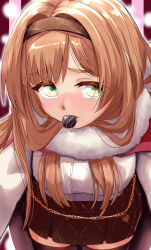  1girl black_eyes brown_hair brown_hairband brown_skirt cape chocolate commentary_request cowboy_shot from_below fur-trimmed_cape fur_trim green_eyes hairband helena_(kancolle) helena_(valentine)_(kancolle) highres kantai_collection mouth_hold nekotarou_(nktr299) pleated_skirt shirt skirt solo white_shirt 
