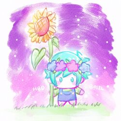  1boy basil_(headspace)_(omori) basil_(omori) chibi flower flower_wreath green_eyes green_hair green_skirt happy_birthday omori sakakien shirt short_hair short_sleeves skirt solo sunflower 