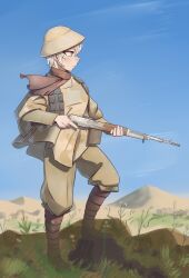  1girl absurdres ammunition_pouch blue_eyes blue_sky boots brown_pants brown_scarf check_clothing clothing_request commentary day english_commentary fluffkaiser from_side gun highres hill holding holding_gun holding_weapon narrow_waist original outdoors pants pants_tucked_in pouch profile puttees scarf sky soldier solo war_in_afghanistan weapon weapon_request 