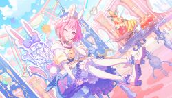  1girl ;d animal_ears ankle_garter apple banana blue_sky blunt_bangs bow bracelet bracelet_over_sleeve buttons camisole carrot change!_emu_wa_ojou_sama!?_(project_sekai) colorful_palette corset cross-laced_clothes cross-laced_corset detached_collar dot_nose dress dutch_angle earrings fake_animal_ears fake_tail finger_to_mouth food frilled_camisole frilled_dress frilled_sleeves frills fruit full_body fur_sleeves game_cg gelatin gem grin hair_bow heart highres index_finger_raised jewelry layered_skirt layered_sleeves looking_at_viewer mary_janes off_shoulder official_alternate_costume official_art one_eye_closed ootori_emu pantyhose parted_lips pearl_(gemstone) pearl_earrings pineapple pink_eyes pink_gem pink_hair platform_heels platform_shoes project_sekai purple_bow purple_camisole purple_corset purple_skirt rabbit_ears rabbit_tail shirt shoes silver_trim sitting_on_throne skirt sky smile solo spaghetti_strap table tail teeth third-party_source throne tiara white_bow white_pantyhose white_shoes white_skirt yellow_collar yellow_shirt 