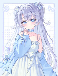  1girl :o blue_cardigan blue_choker blue_eyes blush border bow cardigan character_request choker choppy_bangs coat_partially_removed commentary_request commission copyright_request cowboy_shot dot_nose dress dress_bow grey_border grey_bow grey_hair grid_background hair_bow long_hair looking_at_viewer outside_border parted_lips skeb_commission sleeveless sleeveless_dress solo spaghetti_strap suineco two_side_up watermark white_background white_bow white_dress 