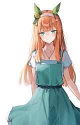  1girl absurdres agony_(pixiv_16266748) animal_ears blue_dress blue_eyes blunt_bangs blush breasts closed_mouth collarbone dress ear_covers hair_ornament hairband highres hime_cut horse_ears horse_girl jewelry long_hair looking_at_viewer necklace orange_hair shirt short_sleeves silence_suzuka_(umamusume) small_breasts smile solo umamusume white_hairband white_shirt 