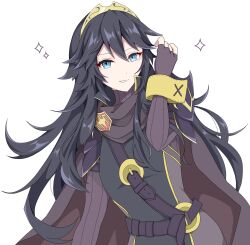  1girl alternate_color armor belt blue_eyes blue_hair cape commentary_request fingerless_gloves fire_emblem fire_emblem_awakening gloves grey_background grin hair_between_eyes highres long_hair long_sleeves looking_at_viewer lucina_(fire_emblem) pauldrons purple_belt purple_cape ribbed_sweater shoulder_armor simple_background smile solo super_smash_bros. sweater tiara turtleneck turtleneck_sweater yano_56_2 