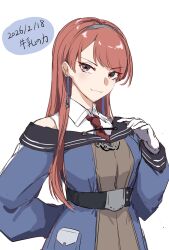  1girl artist_name blue_dress brown_hair collared_shirt commentary_request dated dress dress_shirt gloves grey_hairband gyuunyuu_no_chikara hair_down hairband highres kantai_collection necktie nevada_(kancolle) nevada_kai_(kancolle) one-hour_drawing_challenge red_eyes red_necktie shirt sleeveless sleeveless_shirt solo upper_body white_gloves white_shirt 