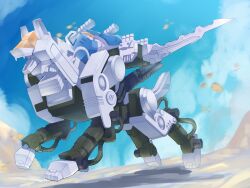  animal_ears armor blue_sky boris_(noborhys) clouds command_striker command_wolf commentary_request fangs highres joints mecha mixed-language_commentary motion_blur no_humans open_mouth orange_visor outdoors robot robot_joints running science_fiction shell_casing sky tail wolf_ears zoids zoids_fuzors 