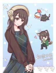  1girl 217find! absurdres animal_ears animification beret black_cat black_pants blue_background blue_dress border brown_eyes brown_hair brown_hat brown_jacket cat closed_mouth commentary_request dog_ears dog_girl dog_tail dress flower_symbol gradient_background green_dress green_hoodie hanamiya_nina hanamiya_nina_(style) hat highres hikari863126 hood hoodie jacket kemonomimi_mode link!_like!_love_live! long_sleeves love_live! mole mole_under_eye multiple_views open_clothes open_jacket outside_border own_hands_together pants plaid_clothes plaid_dress real_life seeno_de!_hasu_no_sora! smile split_mouth tail two-tone_dress voice_actor white_border 