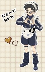  1boy :p apron bandaid bandaid_on_leg black_eyes black_hair black_jacket black_leg_warmers black_pants black_shoes blank_eyes commentary_request crossdressing crossdressing_(mtf) forehead full_body grid_background hair_ornament heart heart_hands highres jacket jersey_maid kagurabachi leg_warmers looking_over_eyewear maid maid_apron maid_headdress male_focus male_maid pants parted_bangs petite pixel_art rik_(rik_uyo06) ro_(kagurabachi) round_eyewear shoes short_hair shorts solo sunglasses tongue tongue_out track_jacket track_pants translation_request unconventional_maid x_hair_ornament yellow_background 