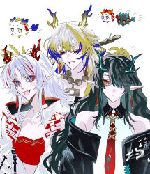  3girls absurdres arknights bare_shoulders black_hair black_jacket blonde_hair blue_hair chinese_commentary closed_eyes closed_mouth colored_skin commentary_request dragon_bean_(arknights) dragon_girl dragon_horns dress dusk earrings fang grey_hair hair_over_one_eye highres horns jacket jewelry long_hair looking_at_another molen106 multicolored_hair multiple_girls necktie nian_(arknights) open_clothes open_jacket open_mouth orange_eyes pointy_ears ponytail red_hair red_necktie shu_(arknights) siblings sisters sleeveless sleeveless_dress smile streaked_hair tassel tassel_earrings very_long_hair violet_eyes white_dress white_jacket yellow_skin 