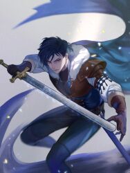  1boy aqua_cape aqua_tunic blue_cape blue_hair blue_pants brown_gloves cape cape_clasp closed_mouth commentary_request felix_hugo_fraldarius felix_hugo_fraldarius_(timeskip) fire_emblem fire_emblem:_three_houses fur-trimmed_cape fur-trimmed_gloves fur_trim gloves highres holding holding_sword holding_weapon long_sleeves looking_at_viewer male_focus pants shirt solo sword tunic weapon white_fur wrainbow13 