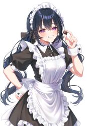  1girl absurdres apron black_bow black_dress black_hair bow candy chocolate choppy_bangs collared_dress commentary_request cowboy_shot dress food frilled_apron frills grin hair_bow hand_up highres holding holding_candy holding_food ichinose_uruha long_hair looking_at_viewer maid maid_apron maid_headdress sasamisable short_sleeves simple_background smile solo standing twintails very_long_hair violet_eyes virtual_youtuber vspo! white_apron white_background white_wrist_cuffs wrist_cuffs 