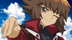  1boy black_shirt brown_eyes brown_hair closed_mouth clouds commentary_request duel_academy_uniform_(yu-gi-oh!_gx) head_tilt jacket kura_(xxcracy) one_eye_closed red_jacket shirt smile solo upper_body yu-gi-oh! yu-gi-oh!_gx yuki_judai 