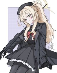  1girl alternate_hairstyle beret black_coat black_gloves black_hat black_pantyhose black_serafuku black_skirt blonde_hair blue_archive blush border bow bowtie cane closed_mouth coat commentary_request gloves green_eyes halo hat highres holding holding_cane hukuro_kasiwa long_hair long_sleeves looking_at_viewer open_clothes open_coat outside_border pantyhose ponytail professor_niyaniya_(blue_archive) purple_background red_bow red_bowtie school_uniform serafuku signature skirt smile solo upper_body white_border 