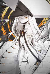  1girl blue_archive breasts colored_skin commentary_request cowboy_shot fin_funnels hair_over_one_eye hat highres large_hat long_hair long_sleeves looking_at_viewer malkuth_(blue_archive) orange_eyes pagzwcszsw73714 sleeves_past_fingers sleeves_past_wrists small_breasts solo symbol-shaped_pupils very_long_hair white_hair white_hat white_skin x-shaped_pupils 