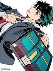  1boy adjusting_clothes adjusting_necktie black_jacket boku_no_hero_academia collared_shirt freckles green_eyes green_hair holding holding_suitcase jacket k1dqka looking_at_viewer male_focus midoriya_izuku necktie red_necktie shirt short_hair sideways simple_background solo suitcase twitter_username white_background white_shirt 