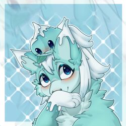  animal animalization aqua_fur blue_background blue_eyes blue_theme border chinese_commentary closed_mouth commentary_request dual_persona grey_border leaf looking_at_viewer no_humans outline outside_border patterned_background plant plants_vs._zombies plants_vs._zombies_2 simple_background smile solid_oval_eyes tareme veghia white_outline winter-mint_(plants_vs._zombies) wolf 