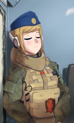  1girl absurdres blonde_hair blue_hat blush body_armor bulletproof_vest closed_eyes clothing_request commission fluffkaiser hat highres jacket long_hair military_jacket military_uniform morale_patch original pen ponytail scissors shoulder_pocket soldier solo upper_body 