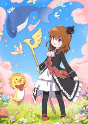  absurdres ascot black_dress black_socks blue_sky blush brooch brown_hair clouds commentary_request creature crown dress field flower flower_field gem grass highres holding holding_staff jewelry lizi mary_janes mini_crown red_gem red_sash red_scarf red_shoes sakutarou_(umineko) sash scarf shoes skirt sky socks sparkle staff umineko_no_naku_koro_ni ushiromiya_maria violet_eyes whale white_skirt 