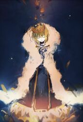  1girl ahoge armor artoria_pendragon_(fate) blonde_hair blue_background blue_cape blue_dress blue_flower breastplate cape closed_eyes closed_mouth commentary_request crown dress fate/grand_order fate_(series) flower full_body fur-trimmed_cape fur_trim grey_armor highres huge_ahoge orange_flower pale_skin petals saber_(fate) short_hair sidelocks simple_background sksk_sn09 smile solo standing 
