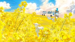  absurdres animal artist_request baby_animal blue_sky bus clouds commentary english_commentary field flower highres lamb lamppost motor_vehicle nikki_(series) no_humans official_art official_wallpaper outdoors scenery sheep shining_nikki sky spring_(season) yellow_flower 