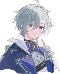  1boy ahoge blue_eyes choker collared_shirt commentary_request earrings genshin_impact green_hair hair_between_eyes hair_over_one_eye jewelry knight lohen_(genshin_impact) male_focus mole mole_under_eye shirase_(shirose) shirt simple_background single_earring solo upper_body white_background 