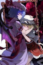  2girls arm_around_back back_bow bat_wings blonde_hair blue_hair bow closed_mouth commentary_request crossed_bangs crystal dress fang fang_out fingernails flandre_scarlet frilled_hat frilled_shirt_collar frilled_sleeves frills hand_in_another's_hair hand_on_another's_arm hand_on_another's_head hat highres hug light_smile long_fingernails looking_back mob_cap moon multiple_girls painting_(object) pechika_01 puffy_short_sleeves puffy_sleeves red_bow red_eyes red_moon red_skirt red_vest remilia_scarlet short_sleeves siblings sisters skirt skirt_set slit_pupils touhou twitter_username vest white_bow white_hat wings 